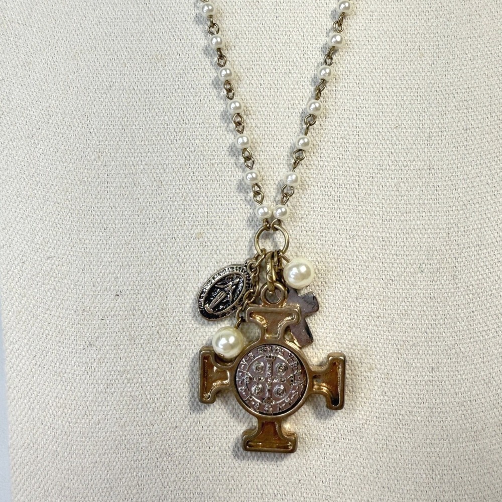 Religious Cross Charm Necklace Faux Pearls Mixed Metals Long Length‎